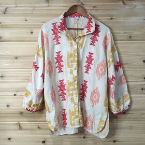 John Mark Top Womens Large Beige Embroidered Button Front Blouse Boho Art